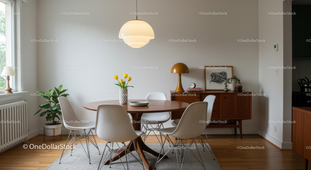 Scandinavian Dining Room with Yellow Tulips and Modern Decor