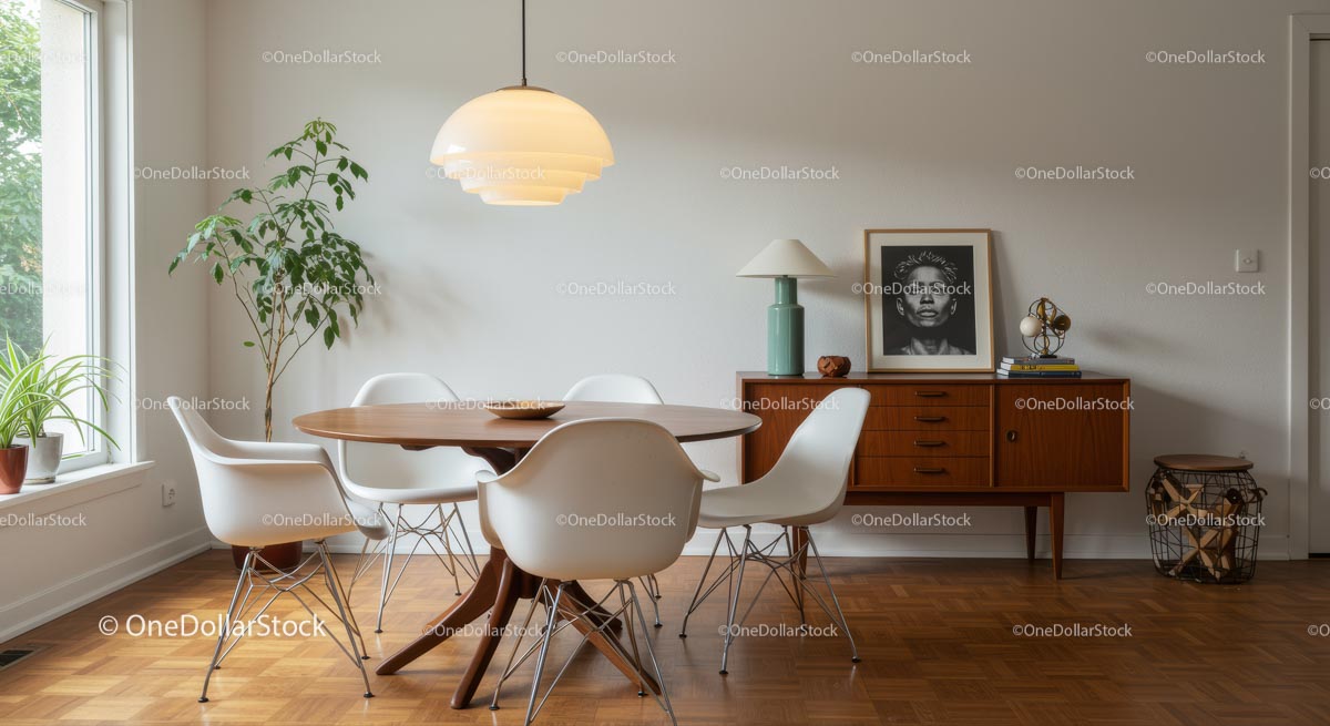 Jadalnia w stylu Mid-Century Modern ze stołem drewnianym