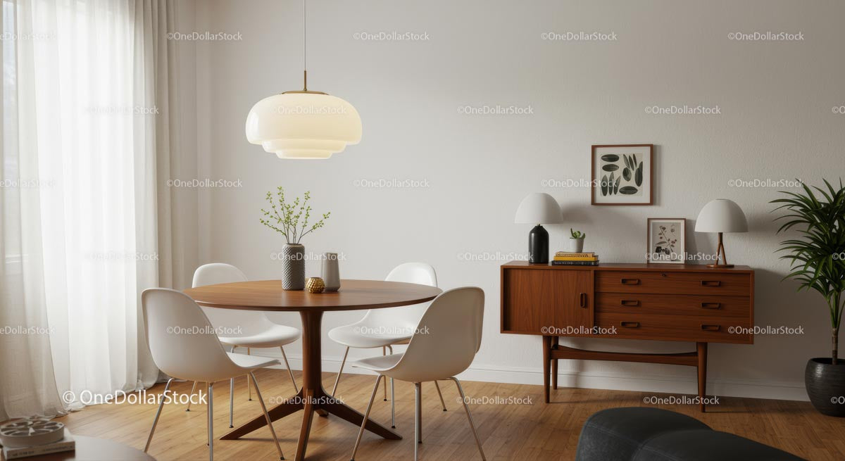 Scandinavian Dining Room with Wooden Round Table and Plants