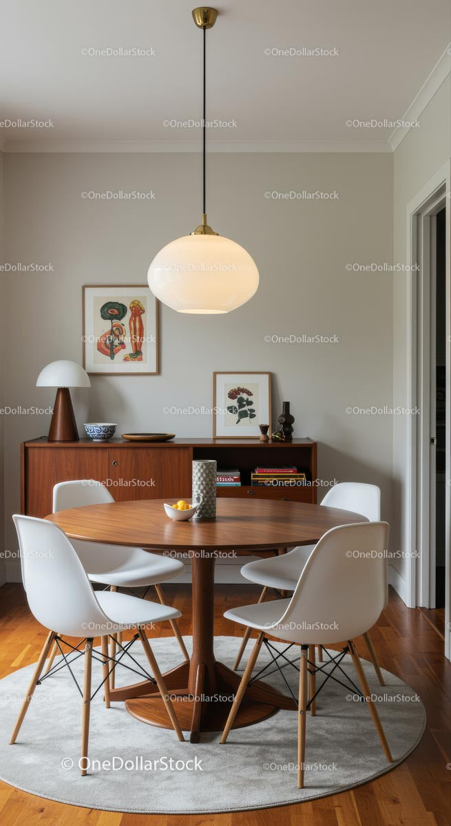 Jadalnia w stylu Mid-Century Modern z lampą wiszącą