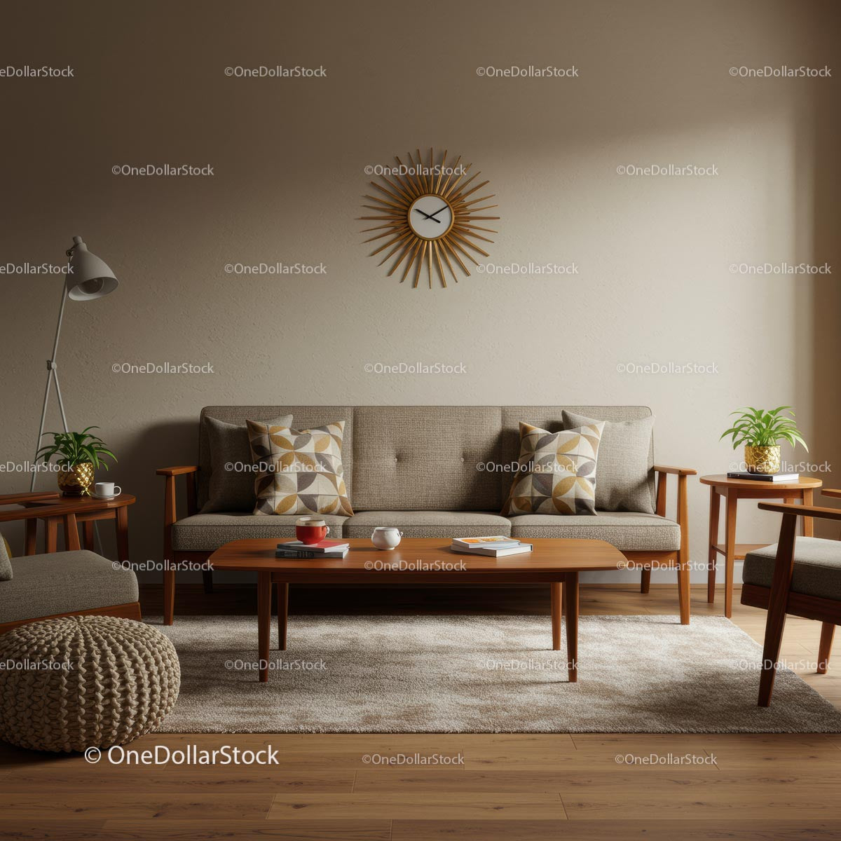 Nowoczesny salon z eleganckimi drewnianymi meblami i wystrojem