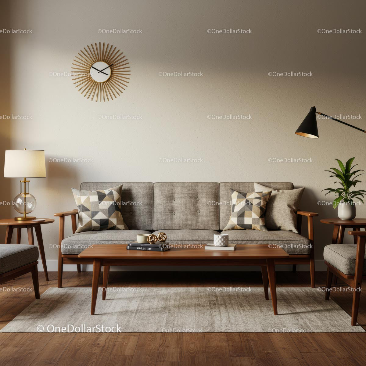 Salon w stylu Mid-Century Modern z eleganckim wystrojem