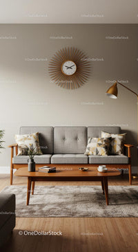 Modern Living Room with Gray Sofa and Wooden Coffee Table