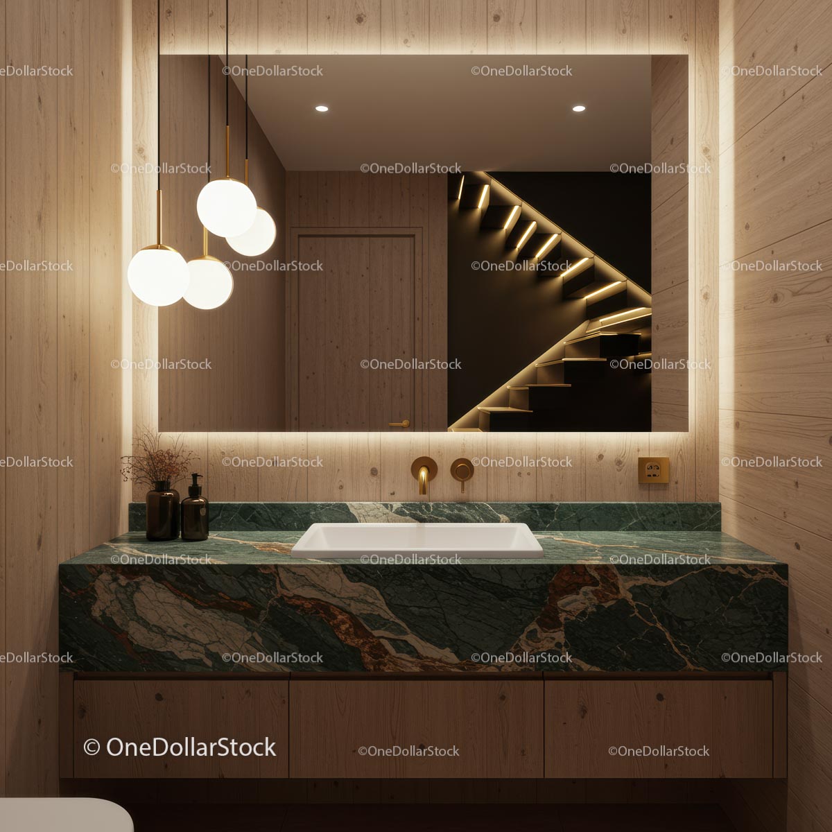 Luxurious Bathroom with Marble Countertop and Wooden Walls