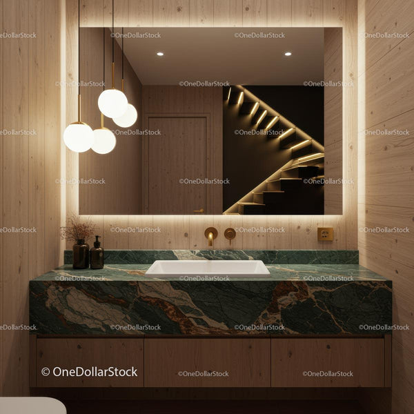 Luxurious Bathroom with Marble Countertop and Wooden Walls
