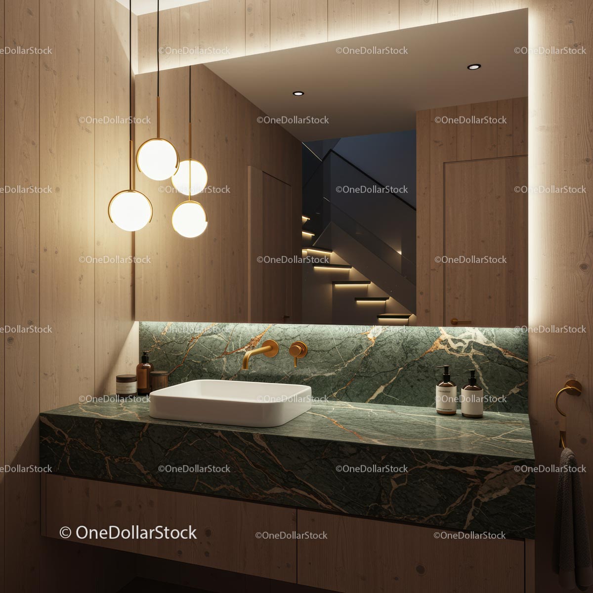Elegant Bathroom with Marble Countertop and Pendant Lights