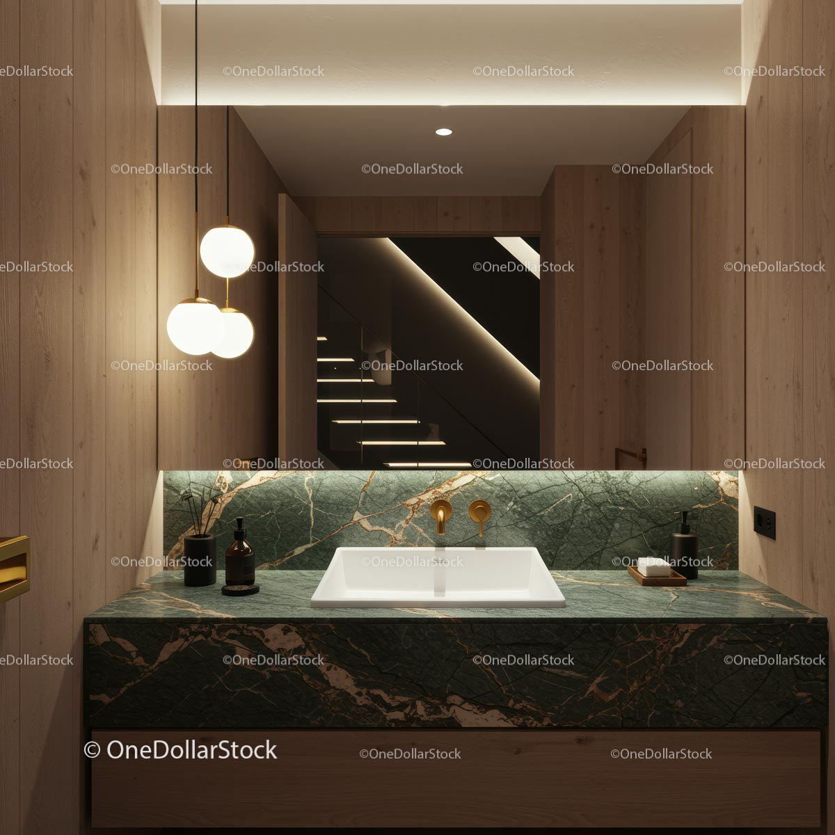 Elegant Modern Bathroom with Marble Sink and Ambient Lighting