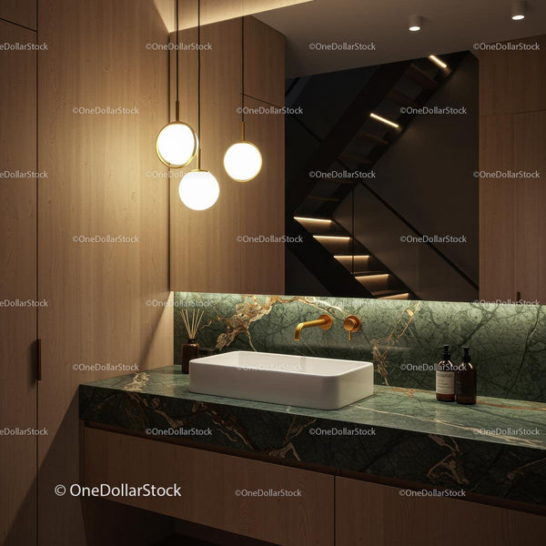 Modern Bathroom with Marble Countertop and Gold Fixtures