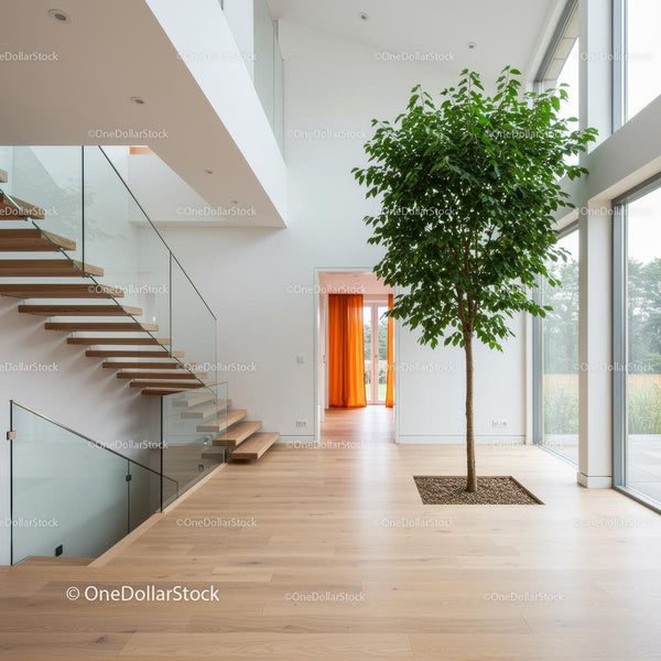 Modern Minimalist Interior with Indoor Tree and Glass Staircase