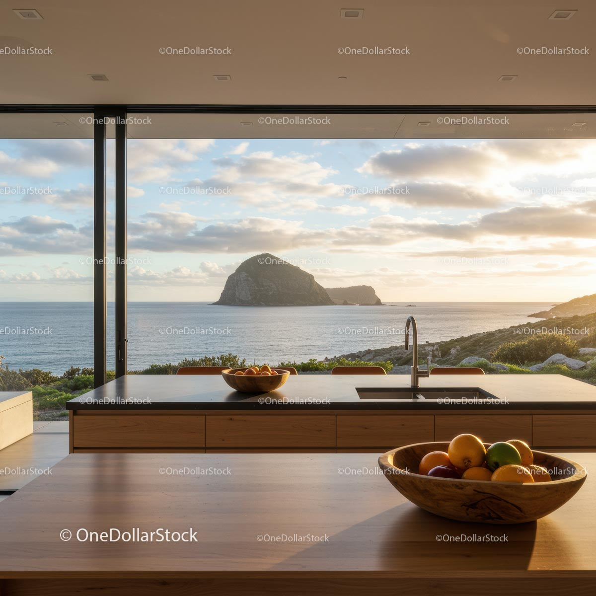 Modern Kitchen with Panoramic Ocean and Island View