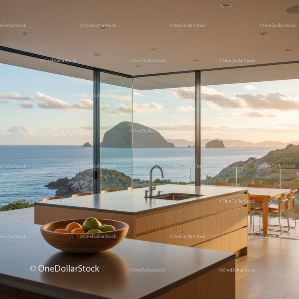 Modern Kitchen with Panoramic Ocean and Island View