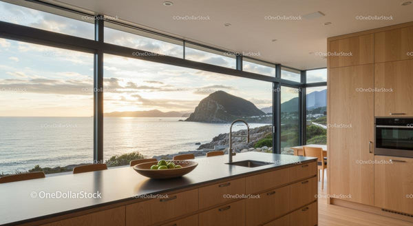 Modern Kitchen with Scenic Ocean View and Large Windows