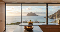 Modern Kitchen with Ocean and Island View at Sunset
