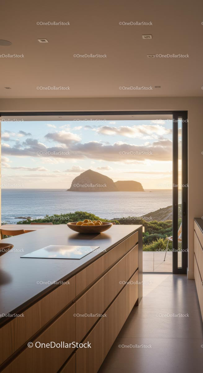 Modern Kitchen with Scenic Ocean View at Sunrise