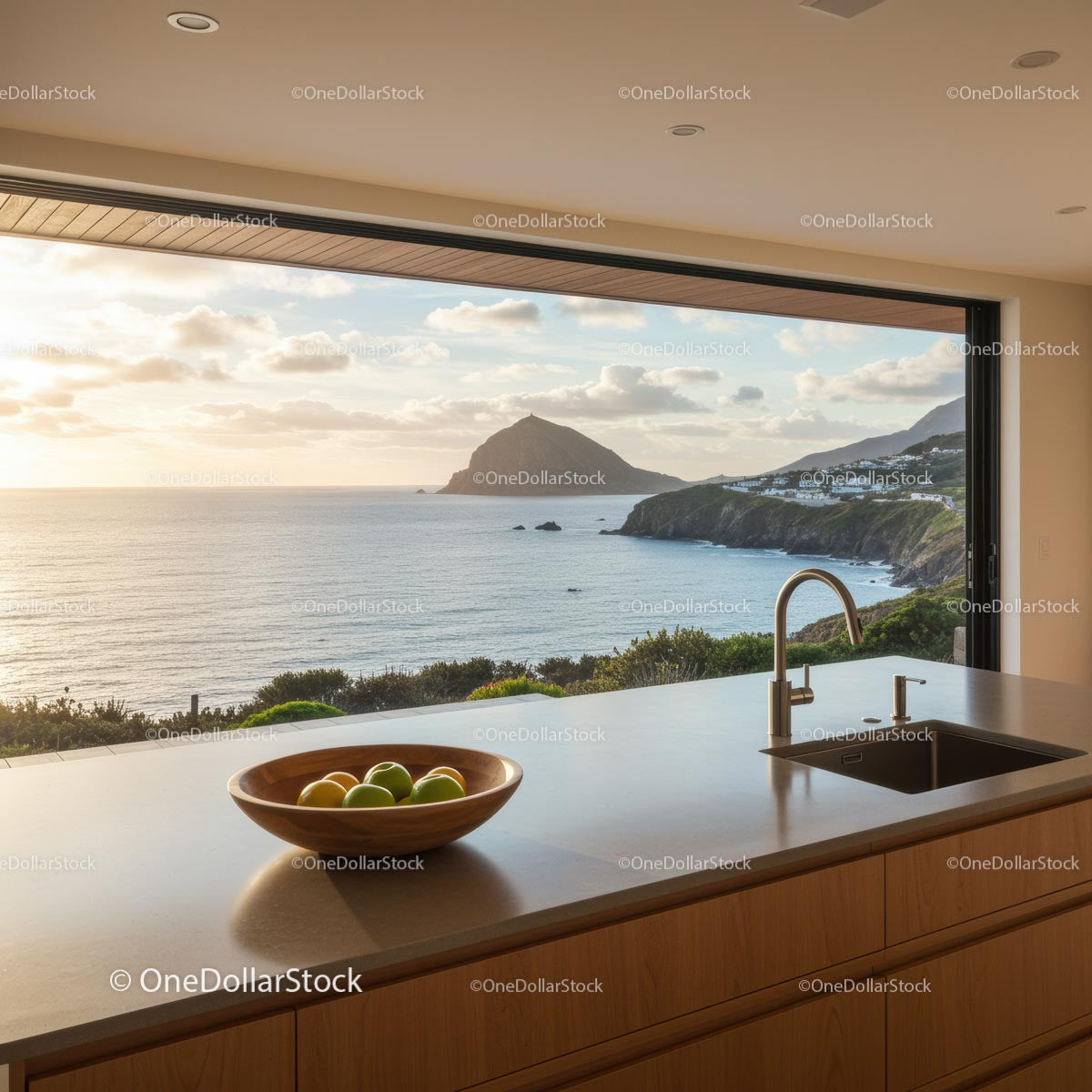 Panoramic Kitchen View Overlooking Ocean and Island