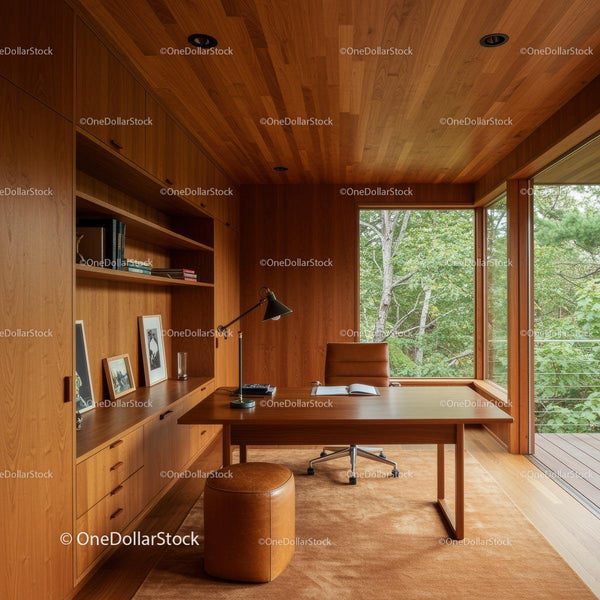 Modern Wooden Office with Large Window and Outdoor View