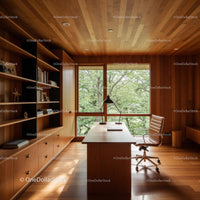 Wooden Home Office with Large Window and Green View
