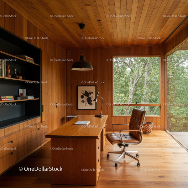 Modern Wooden Office with Nature View and Leather Chair