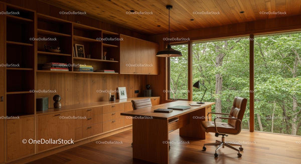 Modern Wooden Office with Forest View and Large Windows
