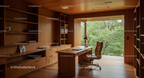 Modern Home Office with Wooden Decor and Nature View