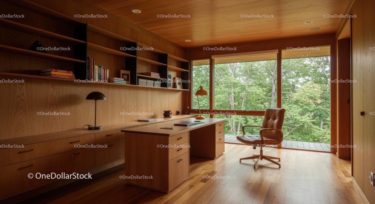 Modern Office with Wooden Interior and Scenic Forest View