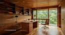 Modern Office with Wooden Interior and Scenic Forest View