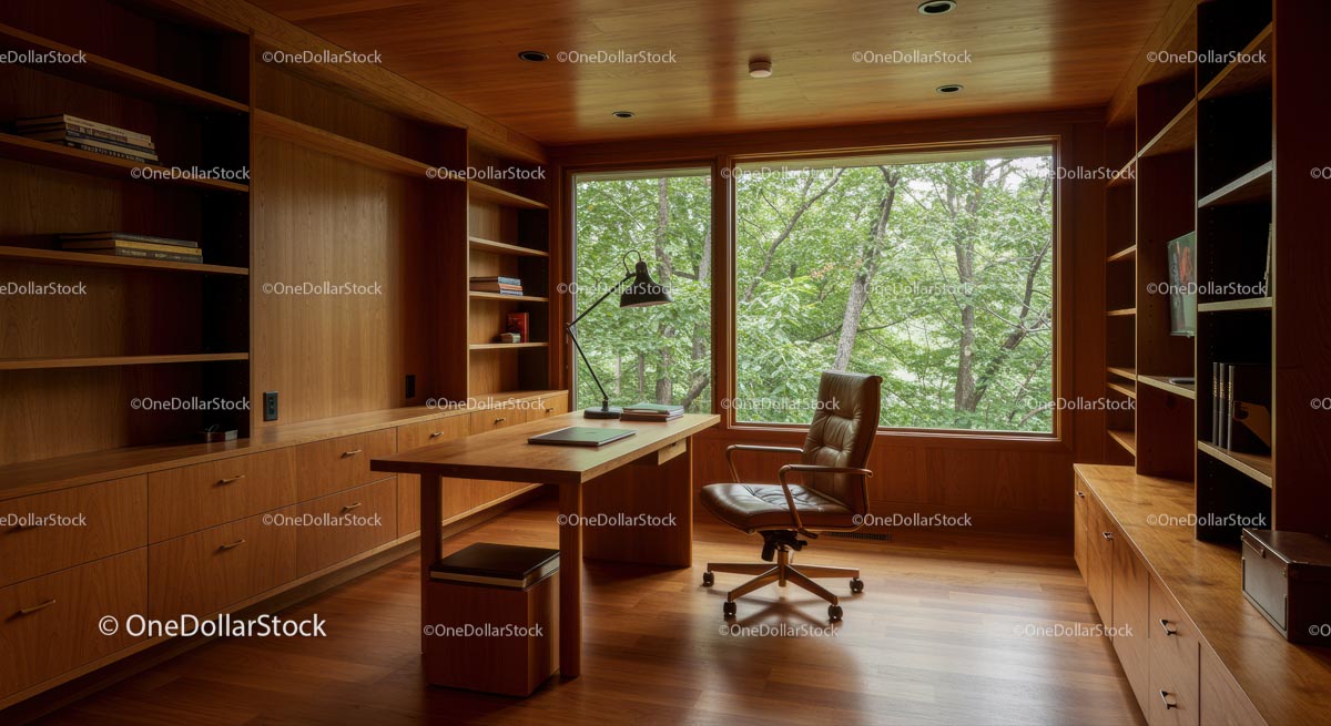 Modern Home Office with Wooden Interior and Large Window