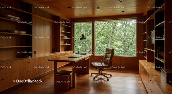Modern Home Office with Wooden Interior and Large Window
