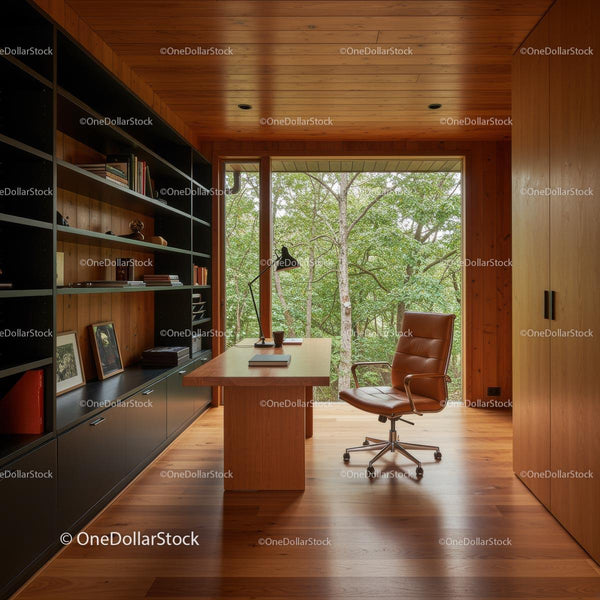 Modern Wooden Office with Large Window and Brown Leather Chair