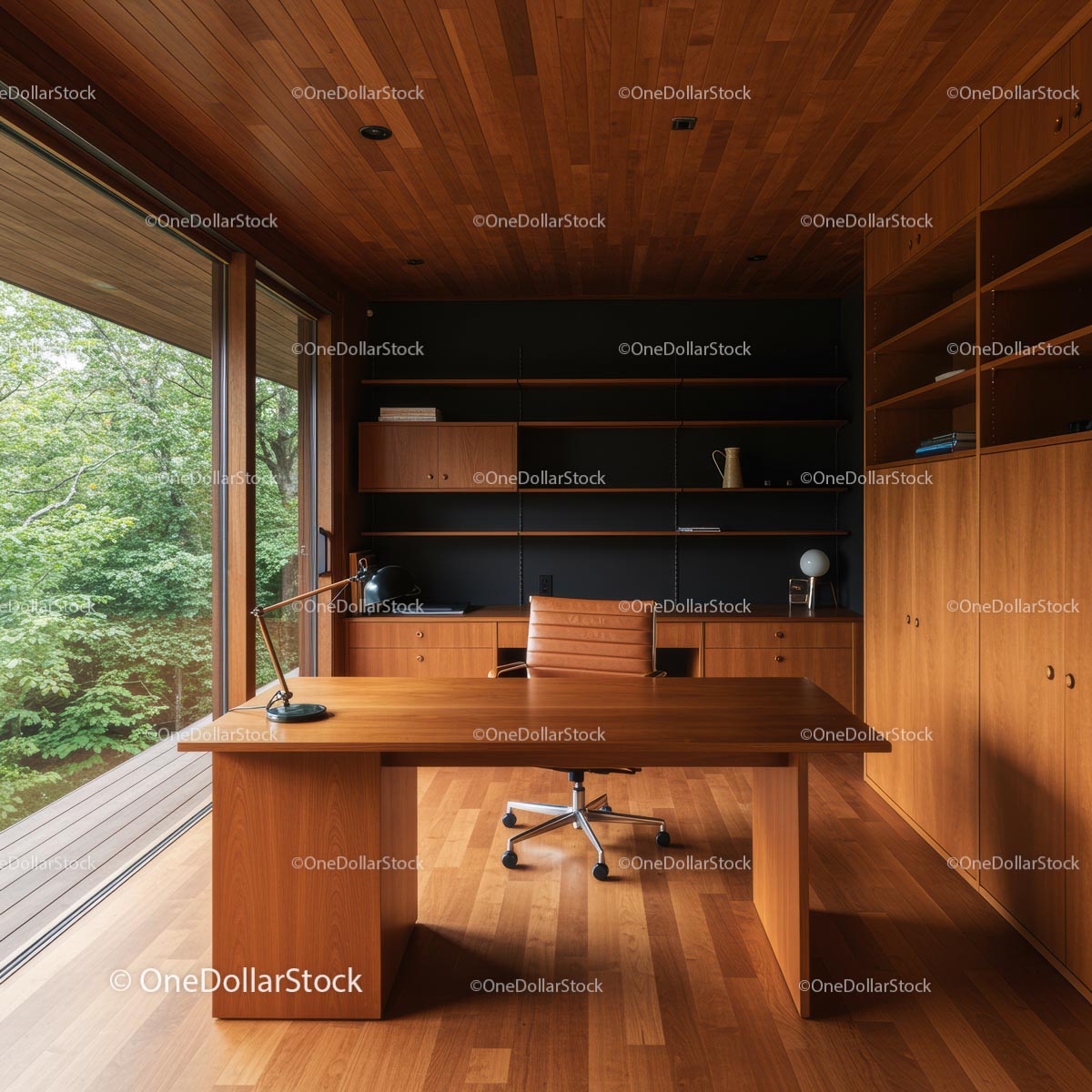 Modern Wooden Office with Large Windows and Greenery View