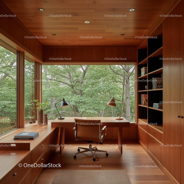 Modern Wood-Paneled Office with Nature View