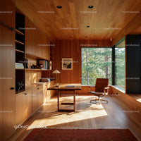 Modern Wooden Office with Large Window and Elegant Decor