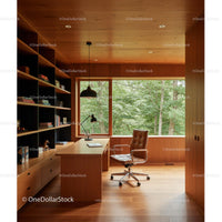 Modern Office with Wooden Furniture and Forest View