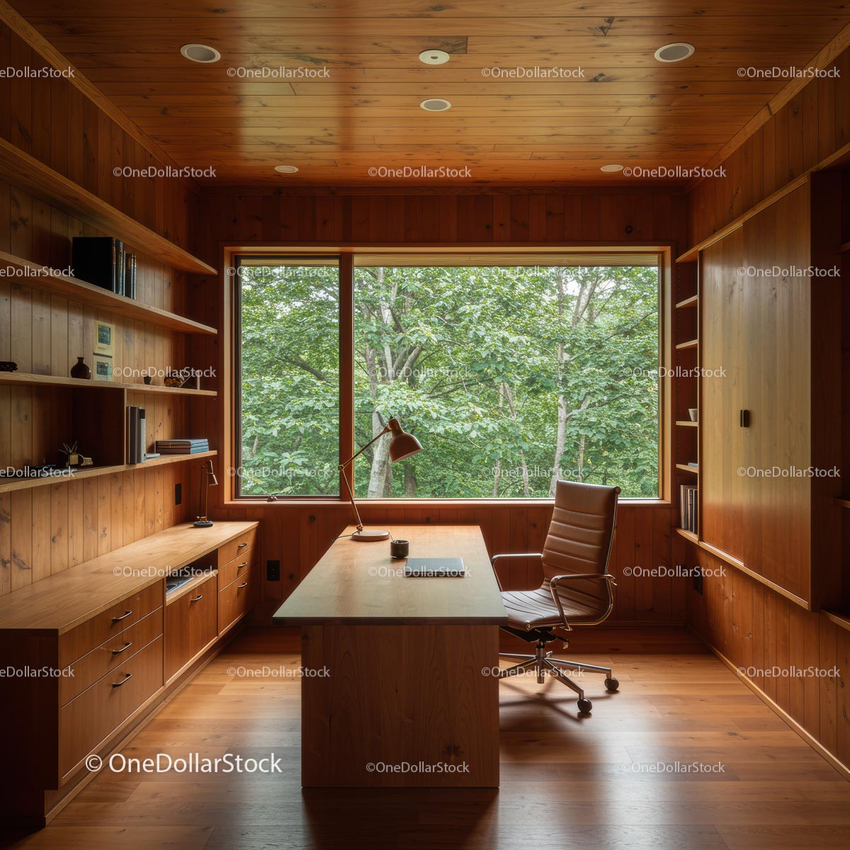Modern Home Office with Wooden Interior and Nature View