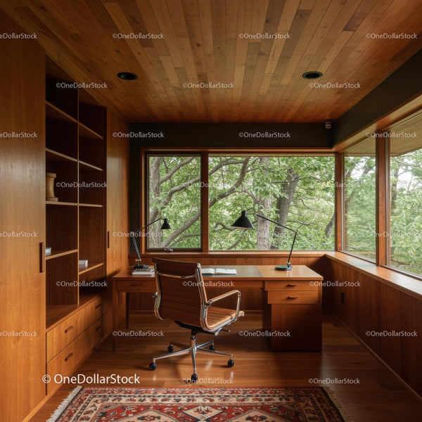 Modern Home Office with Wooden Decor and Large Windows