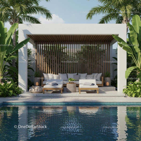 Tropical Oasis with Poolside Lounge and Palm Trees