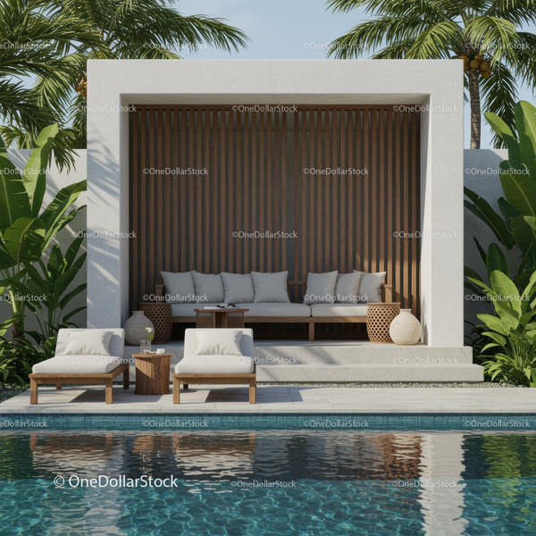 Luxury Outdoor Cabana by the Pool with Palm Trees