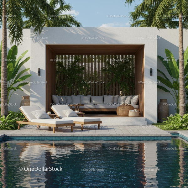 Tropical Villa with Poolside Lounge and Palm Trees