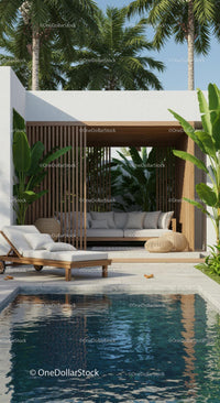 Luxurious Poolside Cabana with Tropical Palm Trees