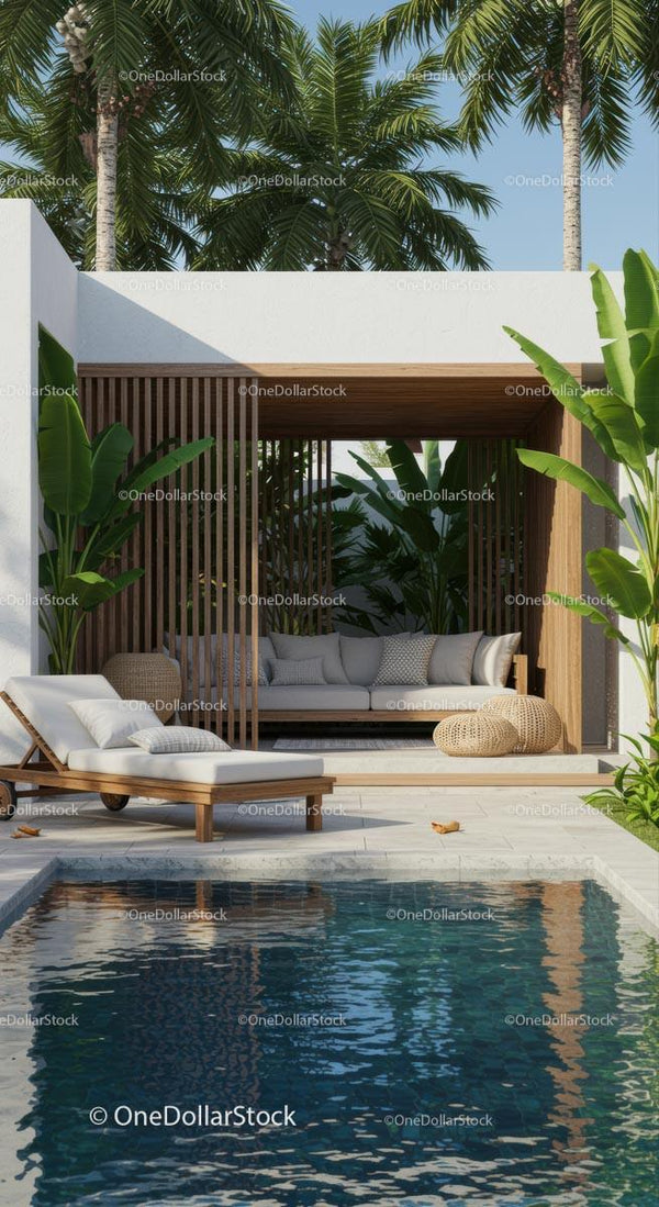 Luxurious Poolside Cabana with Tropical Palm Trees
