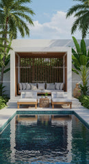 Luxurious Poolside Retreat with Modern Gazebo and Palm Trees