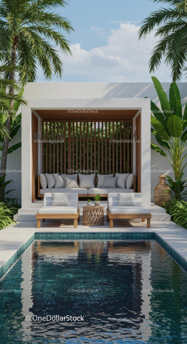 Luxurious Poolside Retreat with Modern Gazebo and Palm Trees
