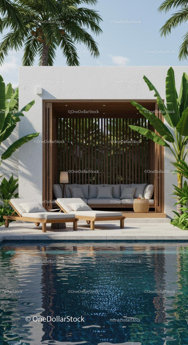 Luxurious Tropical Villa with Poolside Lounge and Palm Trees
