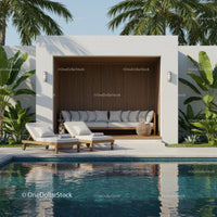 Modern Cabana by Pool with Palm Trees and Tropical Plants