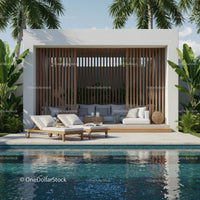 Modern Poolside Retreat with Palm Trees and Sun Loungers