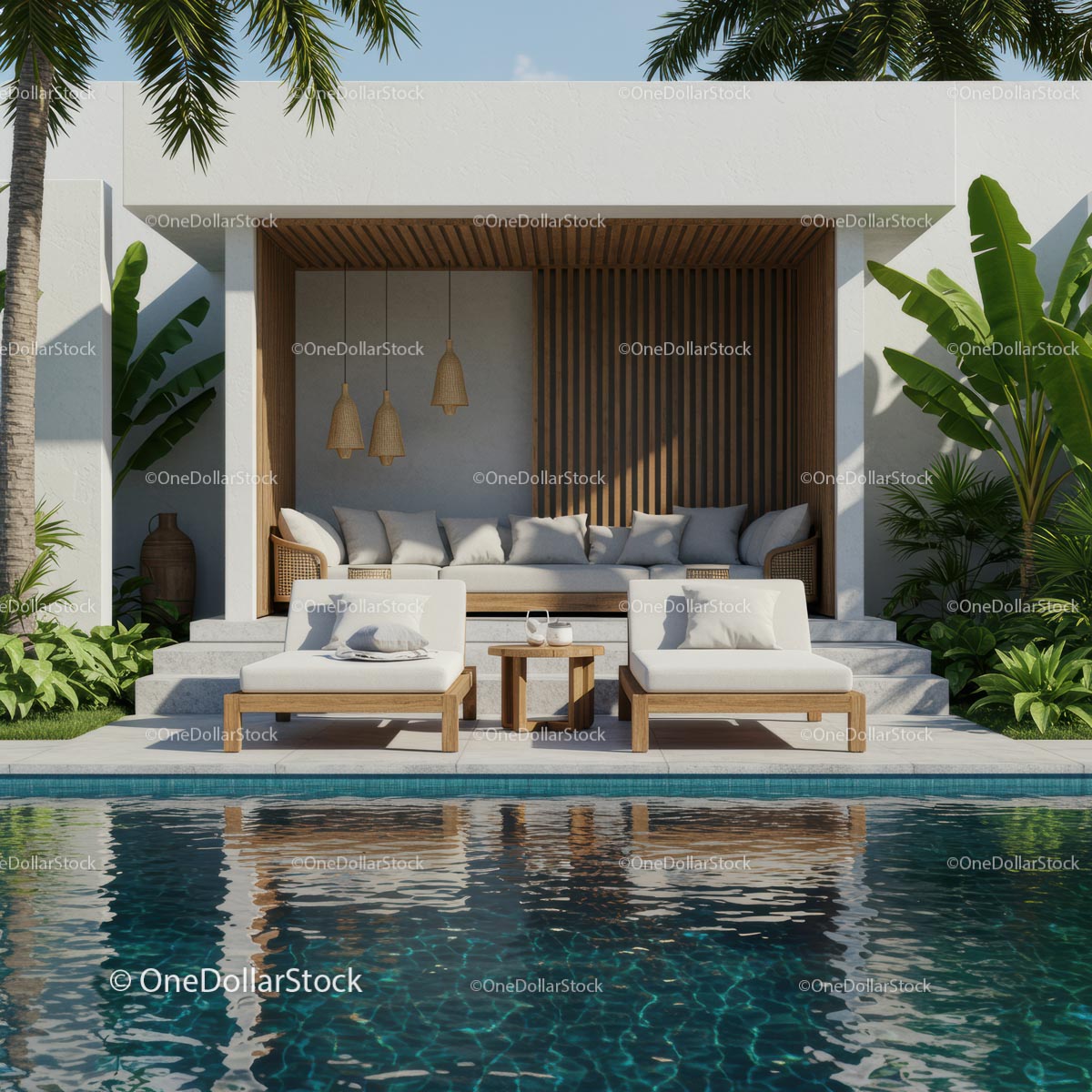 Luxury Outdoor Lounge Area with Palm Trees and Pool