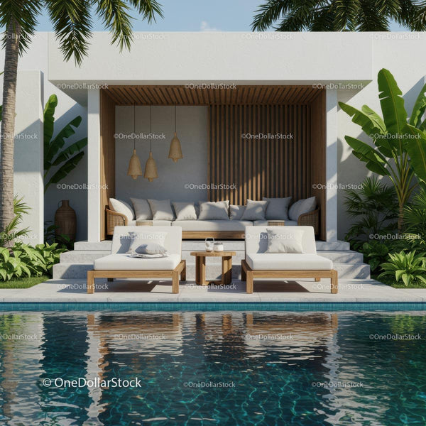 Luxury Outdoor Lounge Area with Palm Trees and Pool