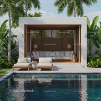 Luxurious Outdoor Cabana with Palm Trees and Pool