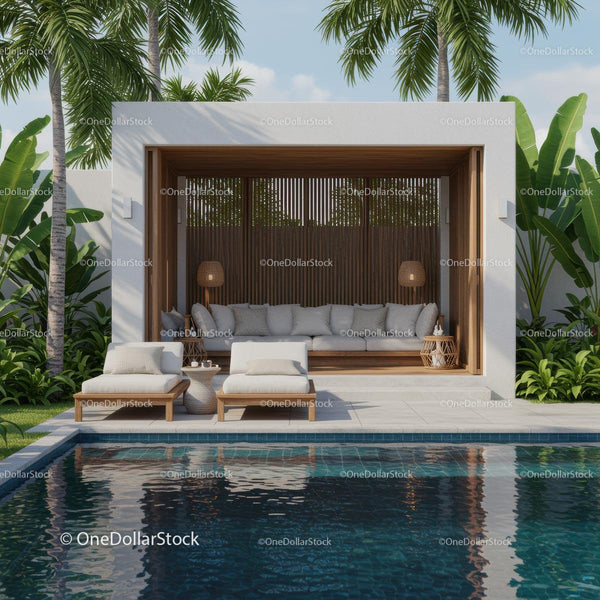 Luxurious Outdoor Cabana with Palm Trees and Pool