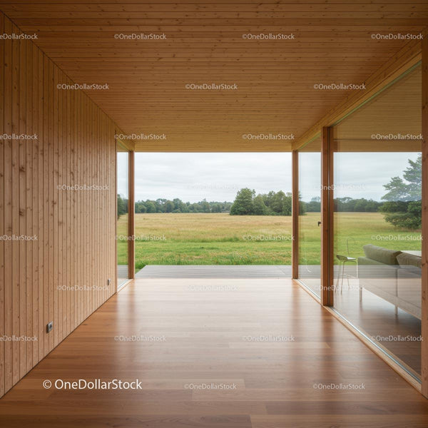Modern Interior with Panoramic View of Green Field